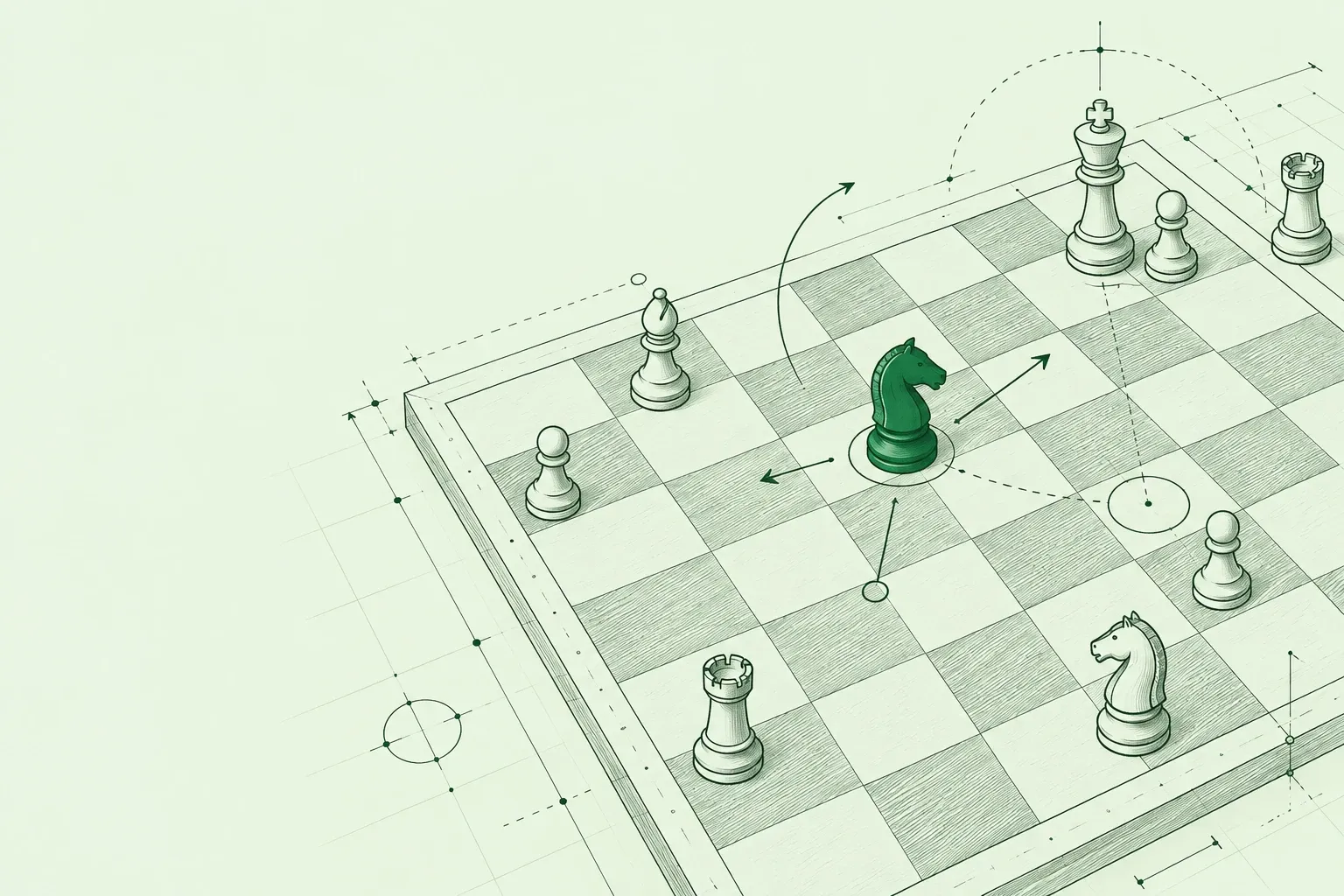 Échiquier dessiné en vert pâle, pièces en position de partie et annotations