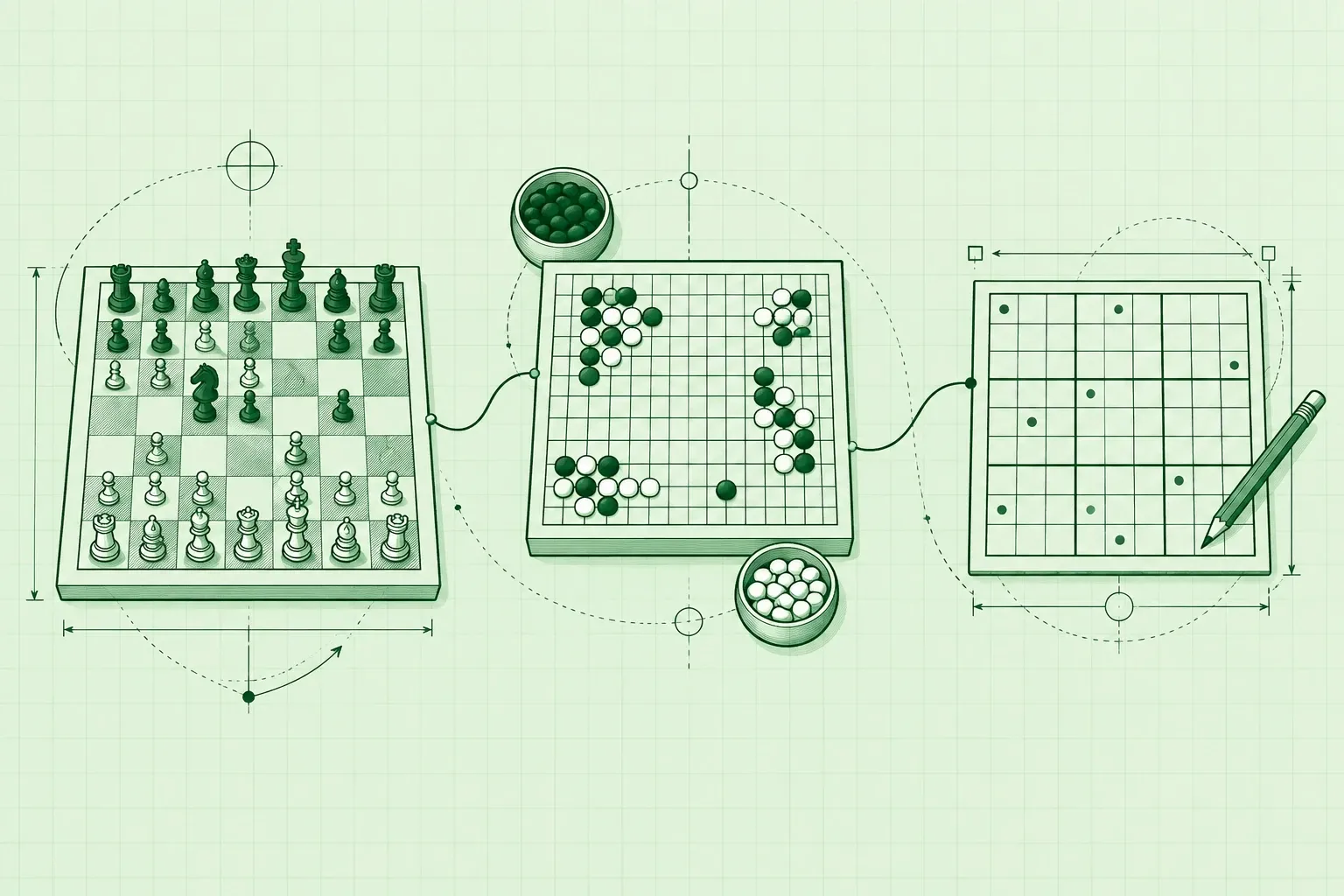 Drie bordspellen naast elkaar: schaak, go met stenen, en puzzelblad met potlood