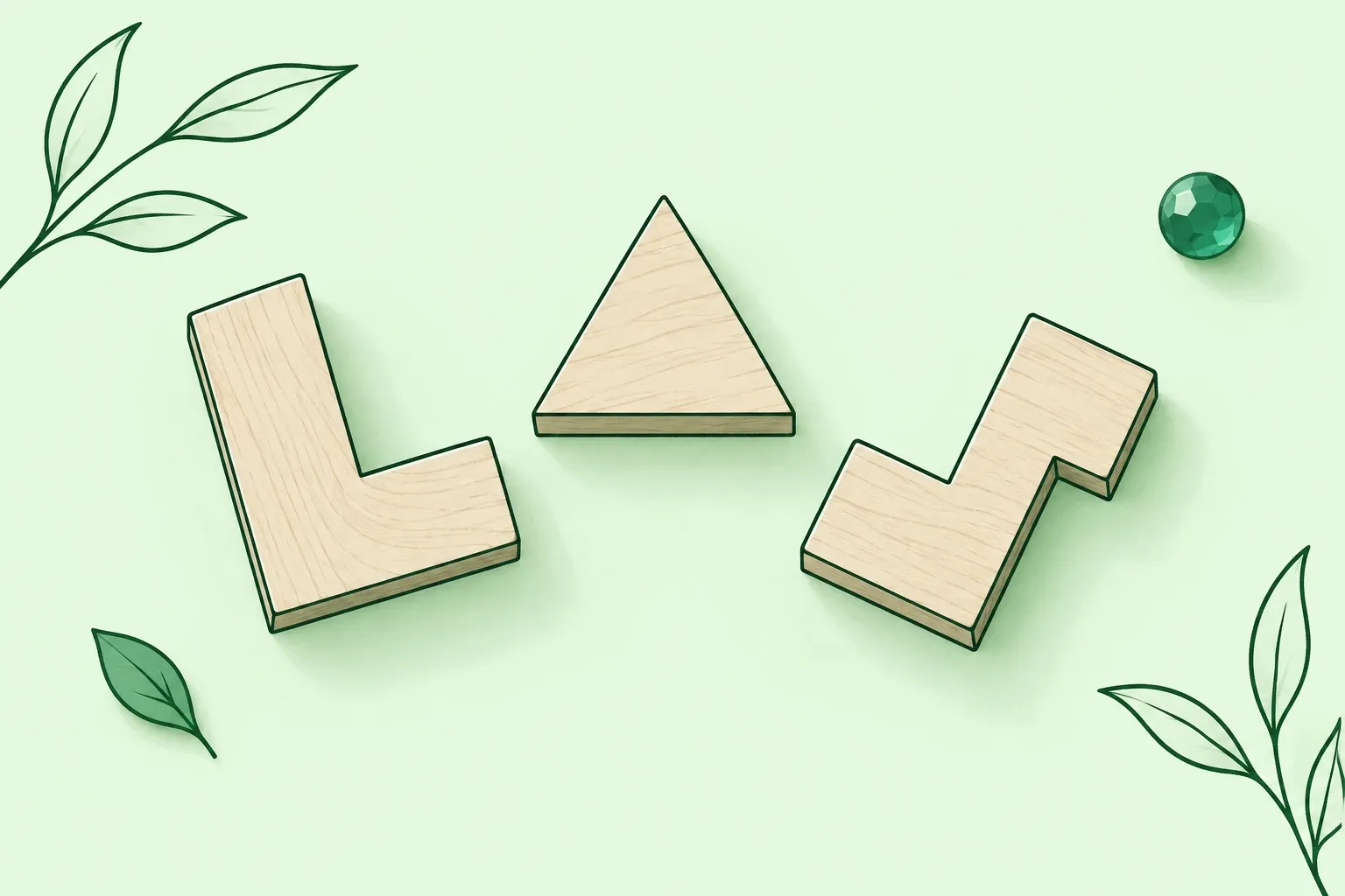 Drie houten puzzelstukken (L, driehoek, zigzag) en een groene glazen knoop op lichtgroene achtergrond