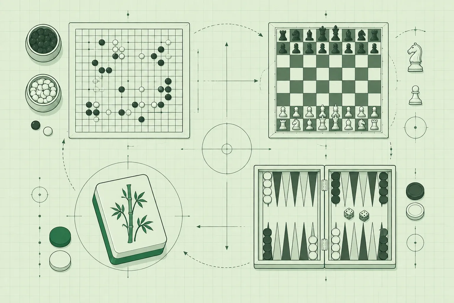 Bovenaanzicht van Go, schaakbord, mahjongsteen en backgammonbord op rasterachtergrond