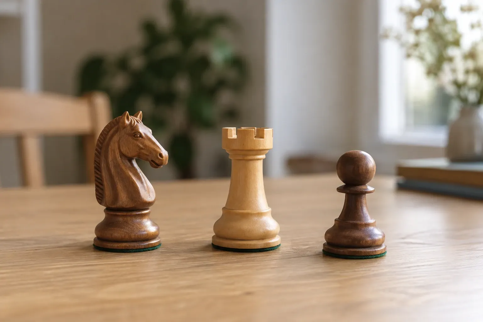Drie houten schaakstukken (paard, toren, pion) op tafel in lichte kamer