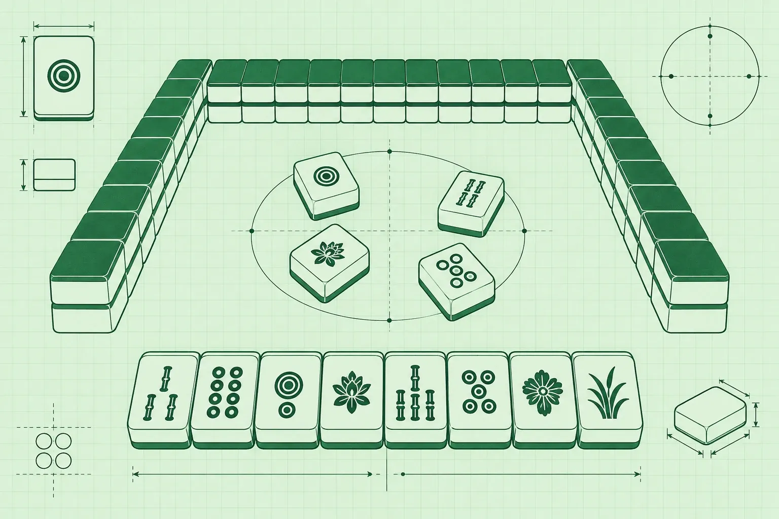 Mahjongbakjes en opgestelde mahjongtegels met handvocabulary en windcirkel op tafel