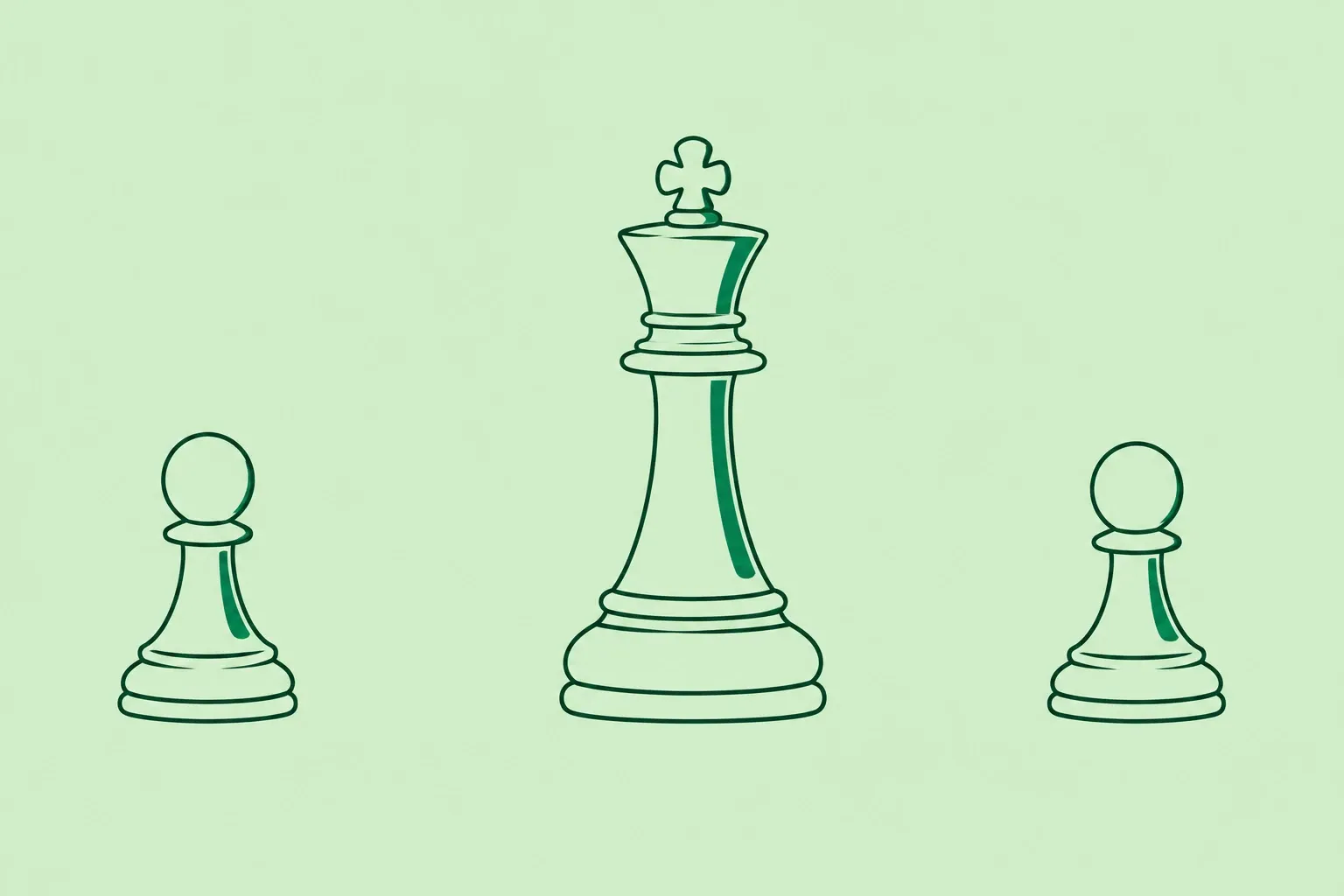 Groene tekening van een koningsschaker tussen twee pionnen op lichtgroene achtergrond