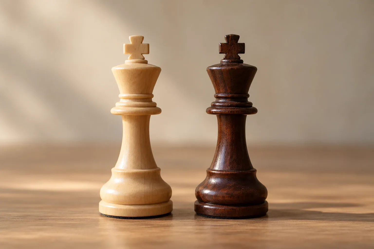 Witte en zwarte koningsstukken van hout naast elkaar op houten ondergrond