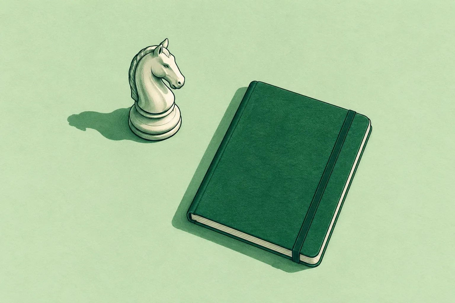 Witte paard-schaakstuk naast groen notitieboekje op lichtgroene achtergrond