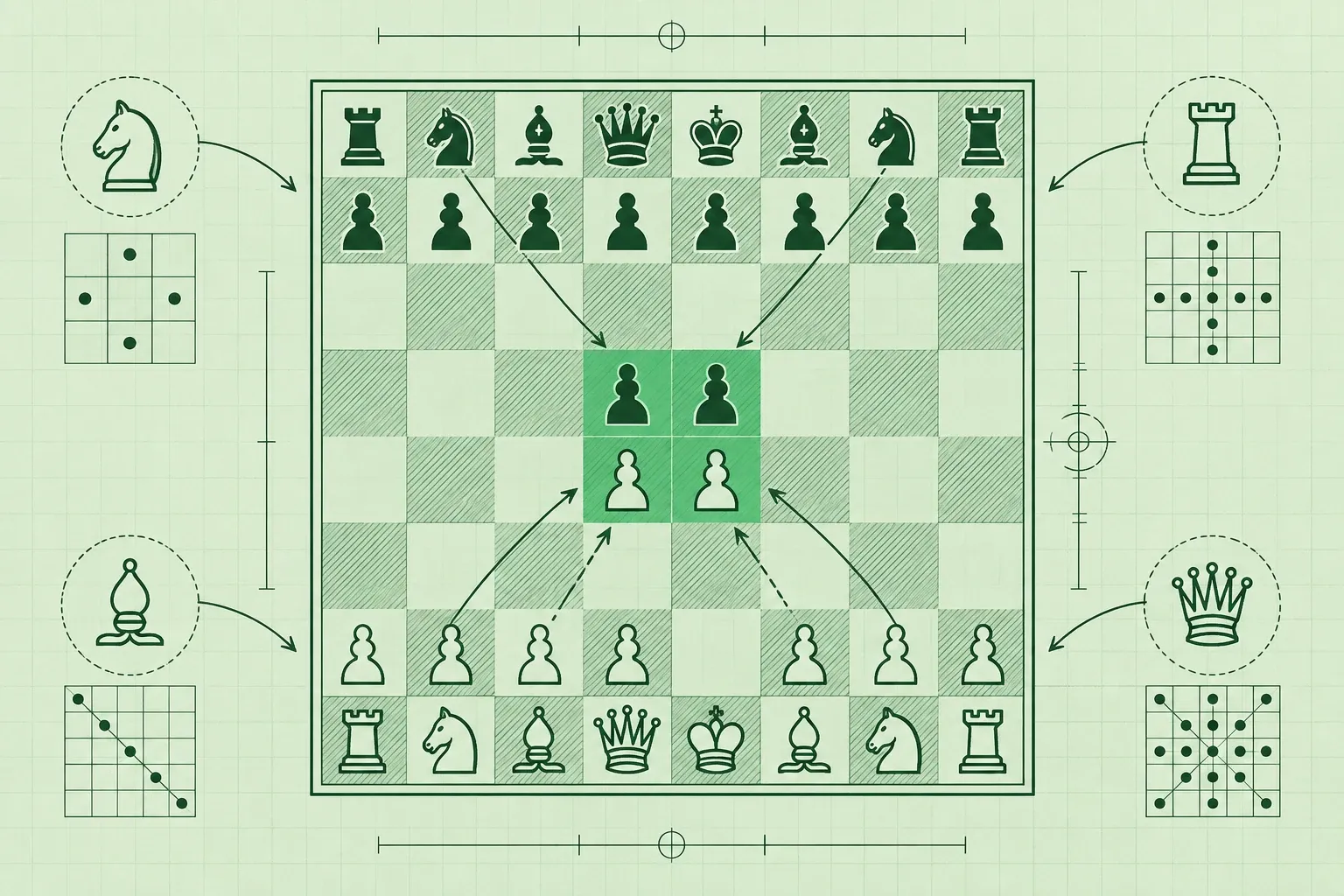 Schaakbord met pijlen die d4, e4 tegen d5, e5 centrumaanval tonen