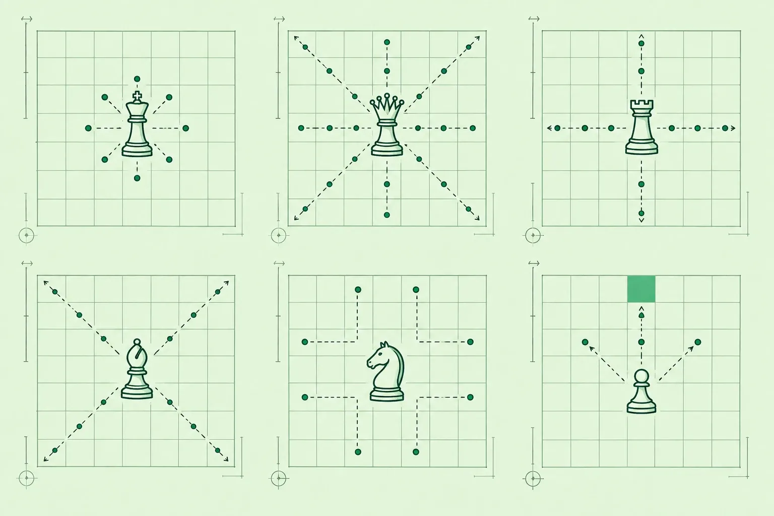 Zes diagrammen op schaakbord met koning, dame, toren, loper, paard en pion en bewegingspijlen