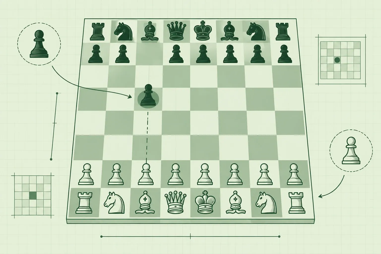 Schaakbord met zwarte pion die van c7 naar c5 gaat, Siciliaanse opening geïllustreerd