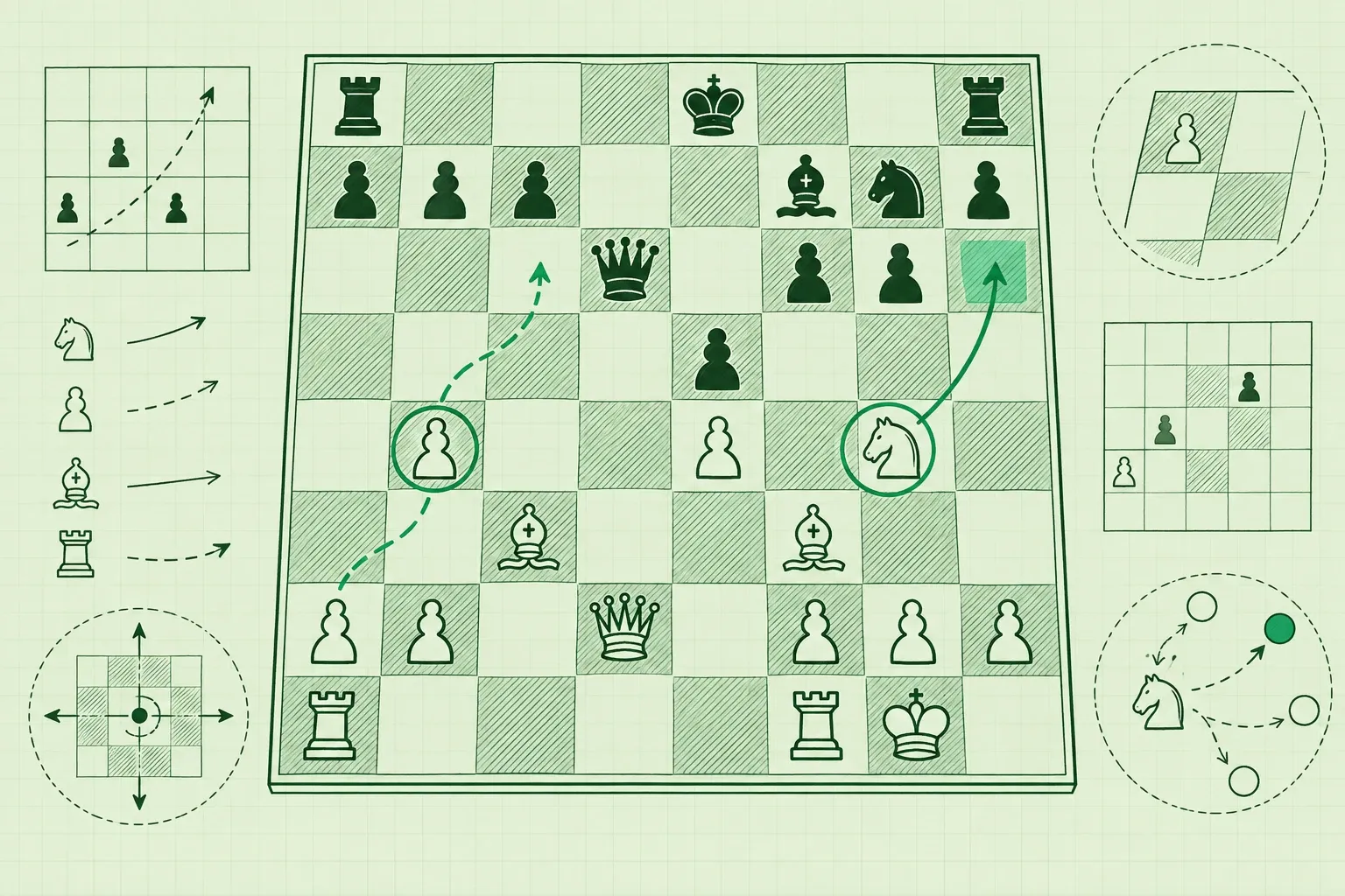 Schaakbord met strategiediagram, witte stukken pijlen naar c5 en h6, koning gerokeerd