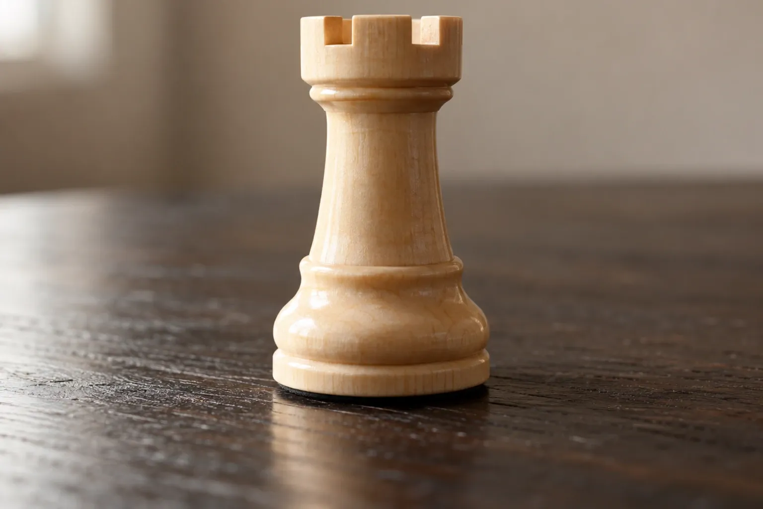 Licht houten toren schaakstuk staand op donker houten tafel met zacht zijlicht
